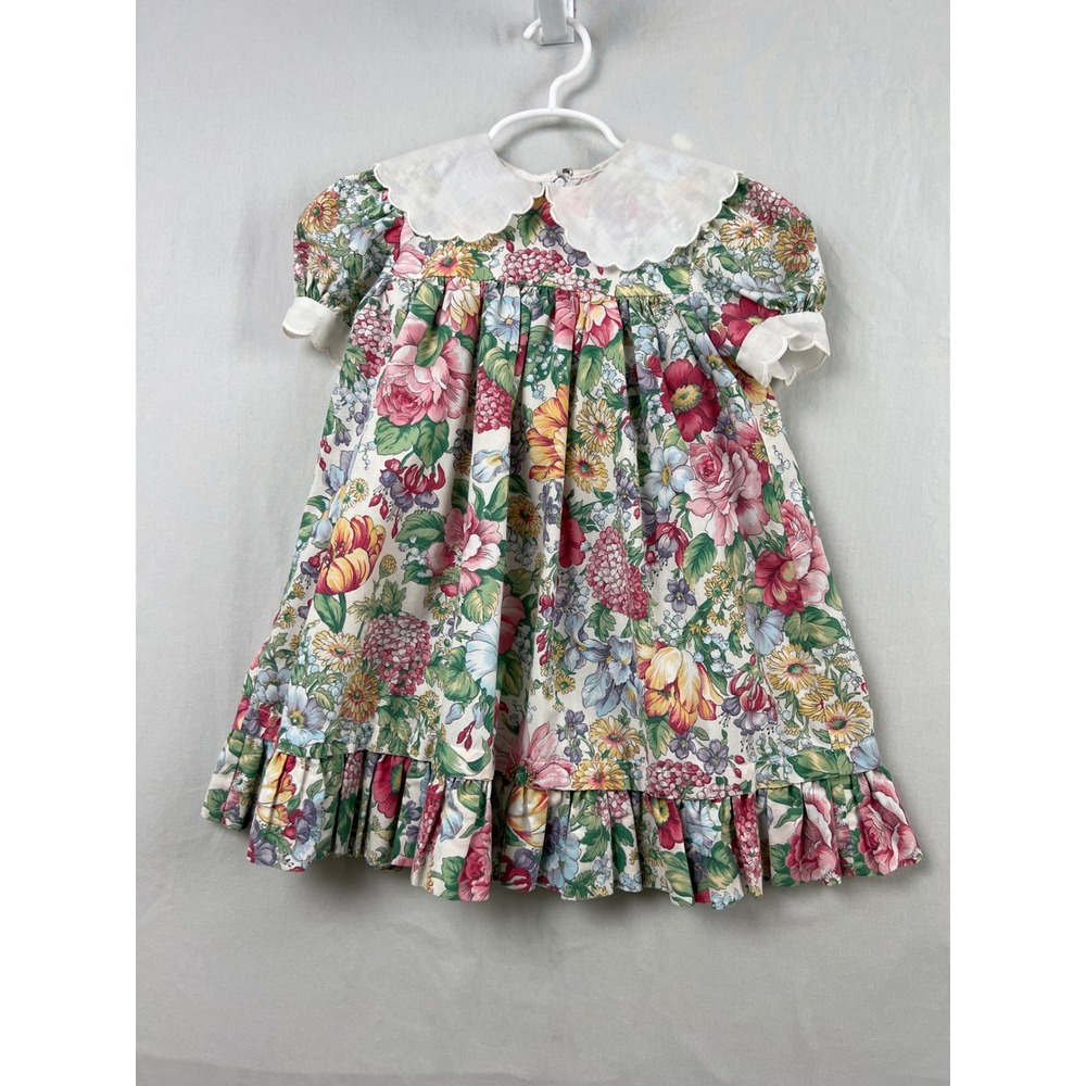 Vintage 90s Sylvia Whyte Floral Dress Girls 4T Multicolor Peter Pan Collar